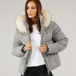 Dame justerbar talje dunjakke med imiteret pels hætte Charcoal