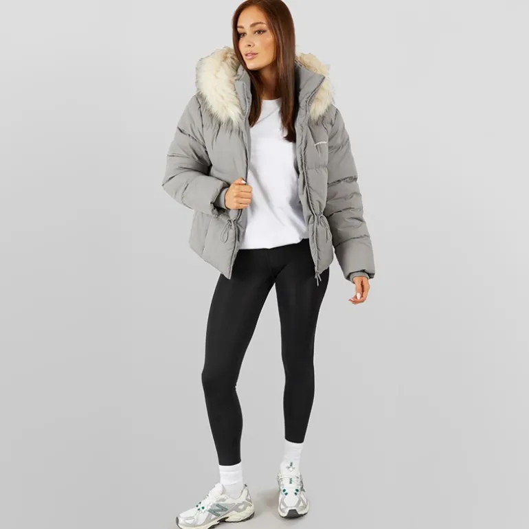 Dame justerbar talje dunjakke med imiteret pels hætte Charcoal
