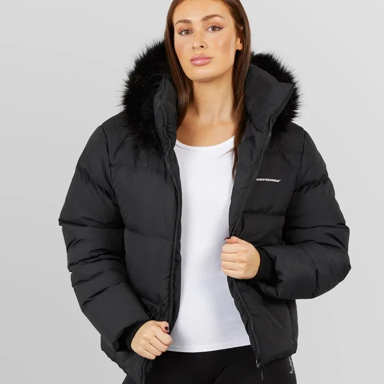 Dame justerbar talje dunjakke med imiteret pels hætte Sort