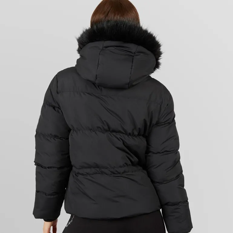 Dame justerbar talje dunjakke med imiteret pels hætte Sort