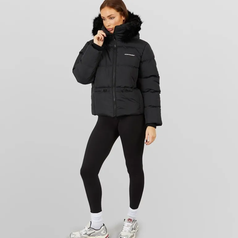 Dame justerbar talje dunjakke med imiteret pels hætte Sort