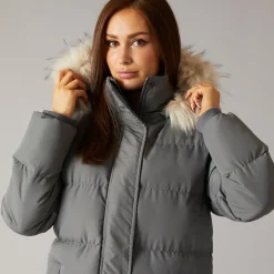 Dame Lang Frakke I Imiteret Pels Med Hætte Skifergrå