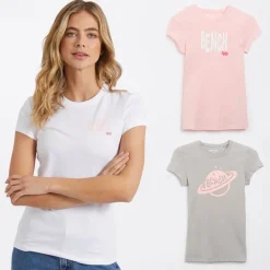 Dame T-shirts med print Lolah (pakke med 3) lyserød/sølvgrå/hvid