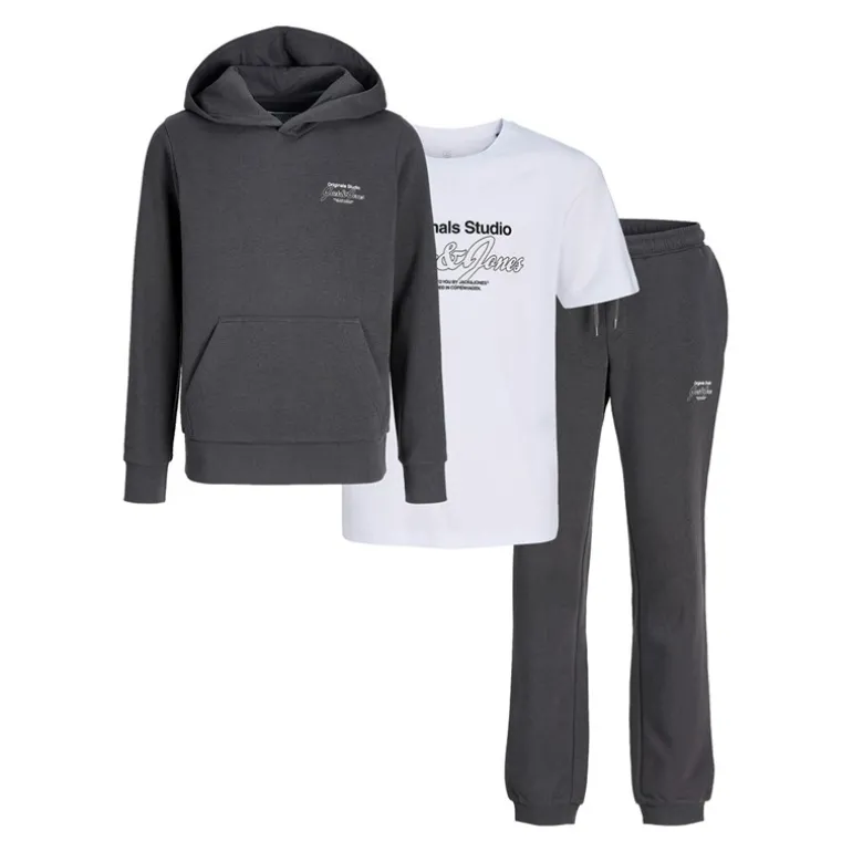 Drenge Niko Hætte Tre Delt Træningsdragt Og T-Shirt Sæt Asfalt/Hvid