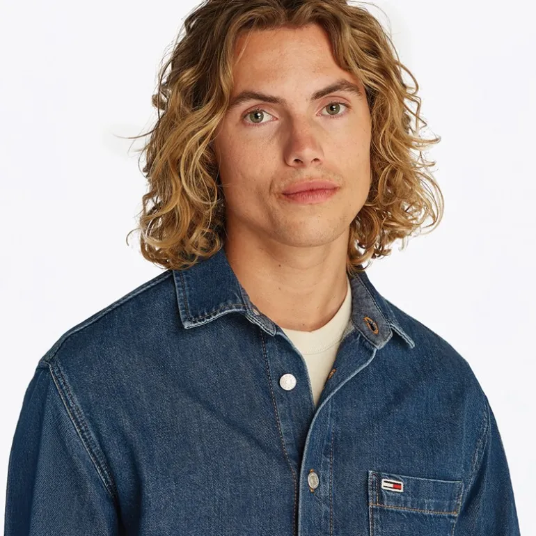 Herre Almindelig Langærmet Skjorte Denim Medium
