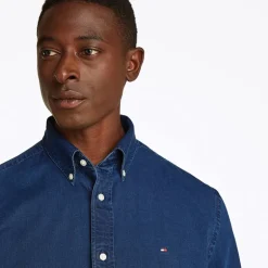 Herre Chambray Langærmet Skjorte Mørk Blå Chambray