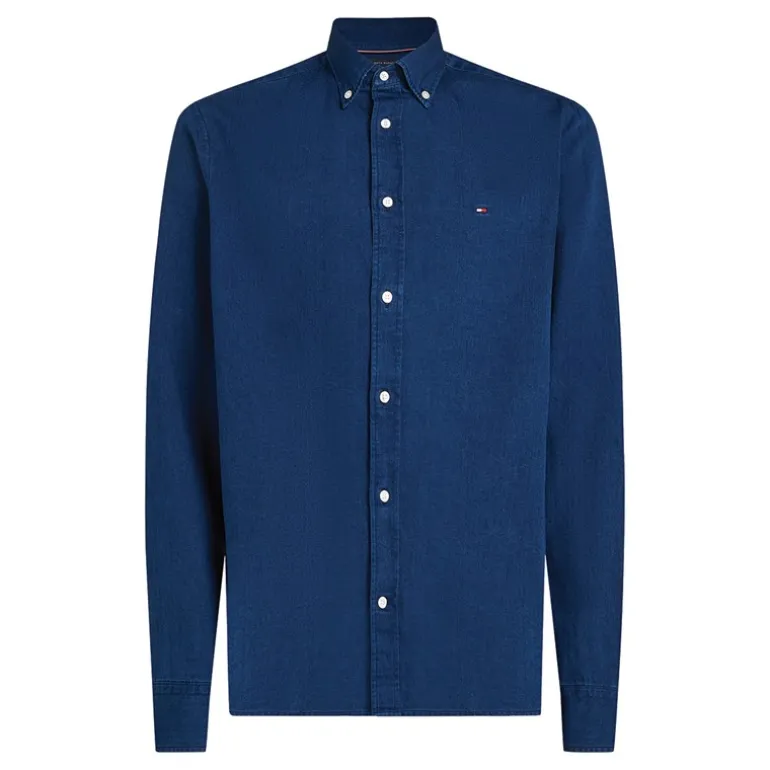 Herre Chambray Langærmet Skjorte Mørk Blå Chambray