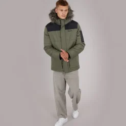 Herre Pelsbesat Hætteforsynet Vatteret Ripstop Parka Khaki/​Sort