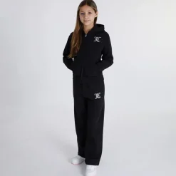 Piger T-shirt med lynlås og brede ben Joggingbukser Tracksuit Sæt Sort